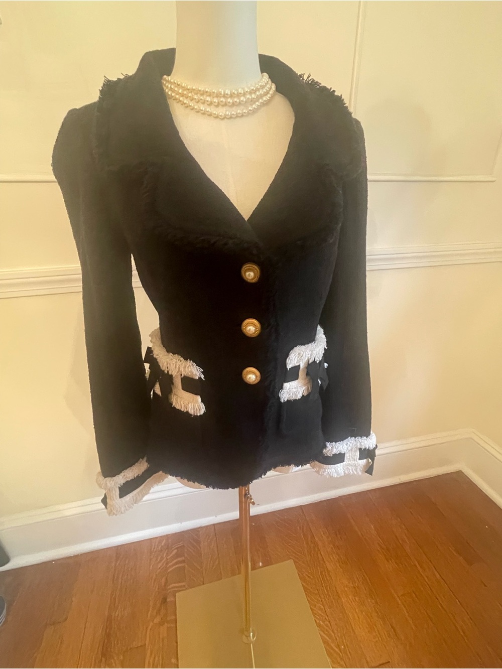 St. John Boutiques Black Bouclé Blazer with Cream Fringe and Gold Buttons - Picture 2 of 13